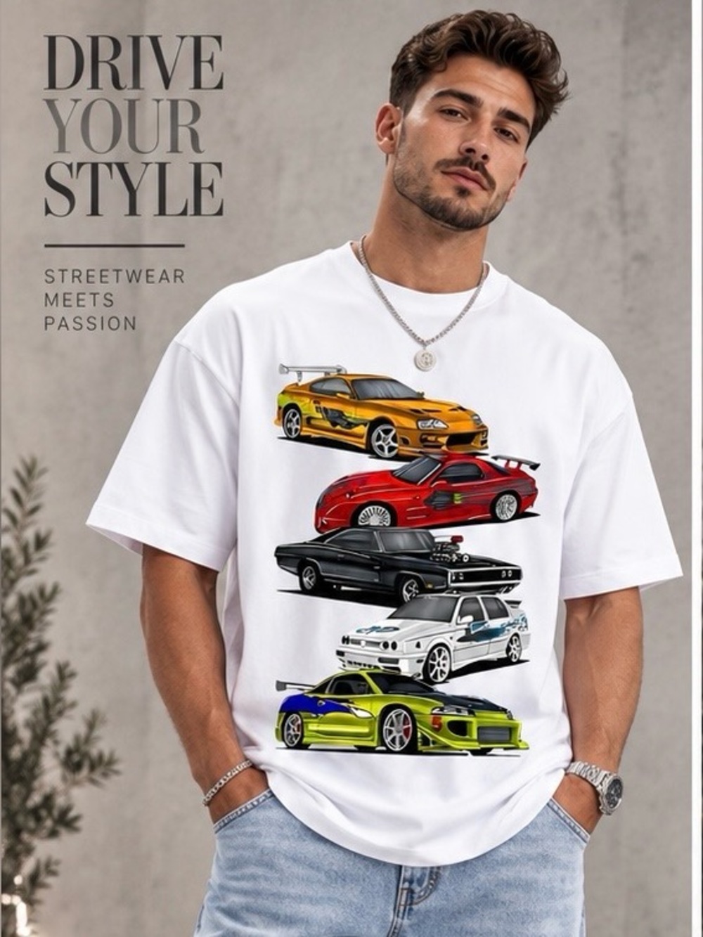 Men's White Graphic Car Print T-Shirt